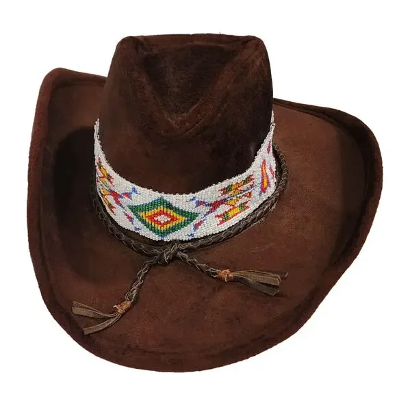 Vintage 80s Cowboy Brown Velour Cowboy Hat Native American Beaded Hatband USA - Picture 2 of 7